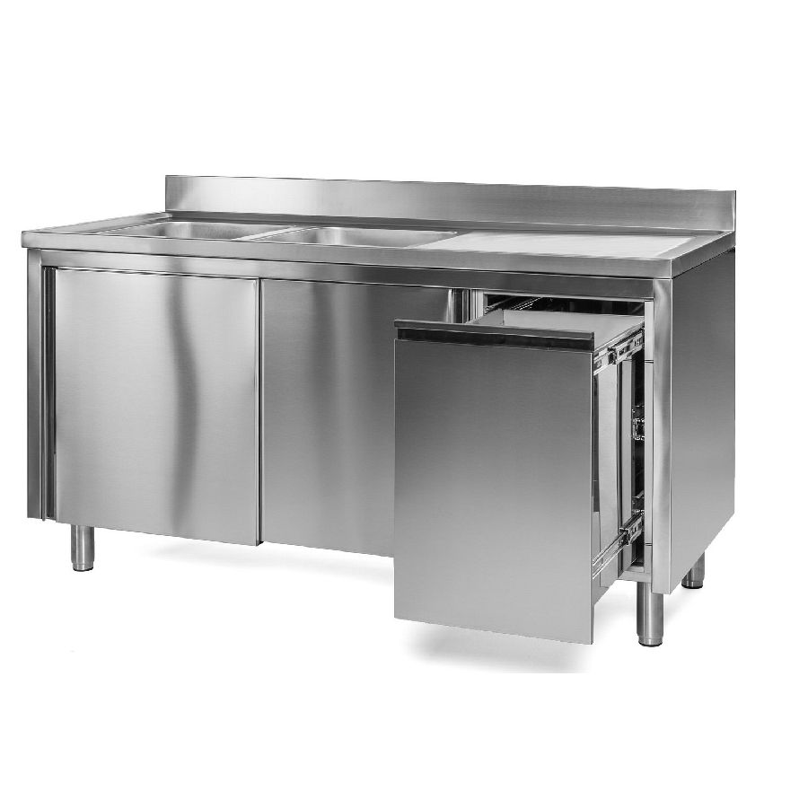 Spülschrank mit Abfallbehälter, 2 Becken links, Tiefe 600 mm, 1400x600x850 mm