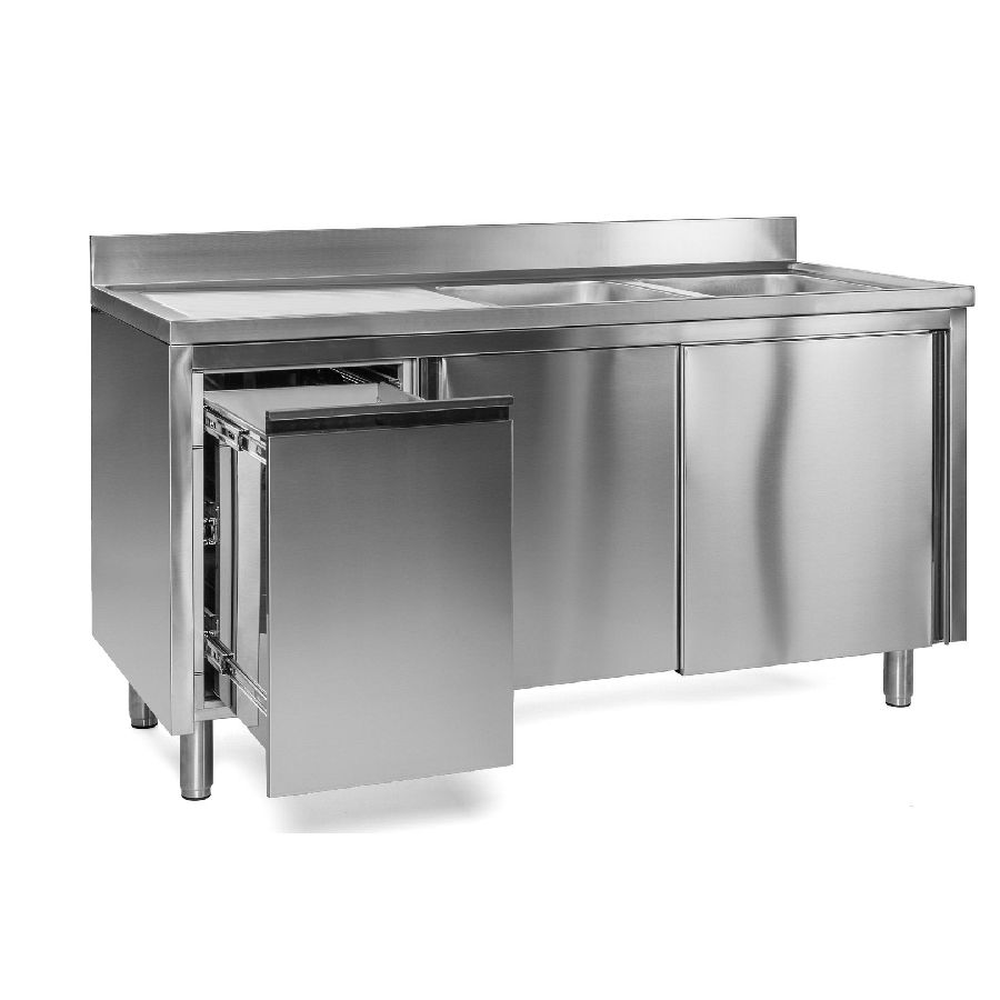 Spülschrank mit Abfallbehälter, 2 Becken rechts, Tiefe 600 mm, 1400x600x850 mm