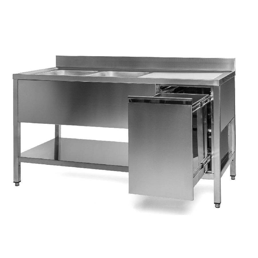 Spültisch mit Abfallbehälter, 2 Becken links, Tiefe 600 mm, 1400x600x850 mm