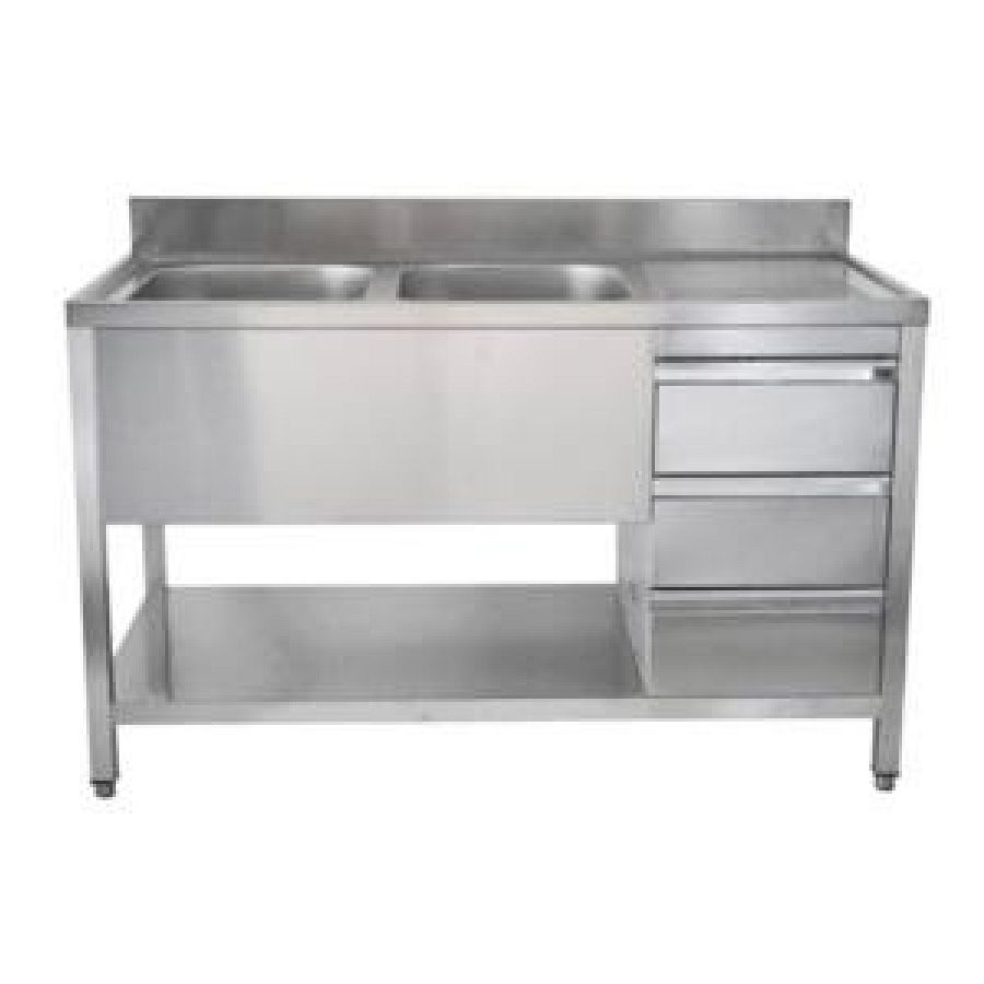 Spültisch mit Schubladen, 2 Becken links, Tiefe 600 mm, 1400x600x850 mm